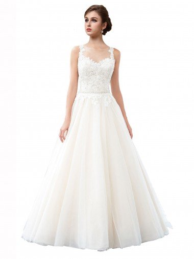 Illusion Neck A-Line Tulle Beach Wedding Dress with Lace Bodice Canada