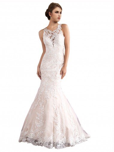 Illusion Neck Fit and Flare Tulle Wedding Dress with All Over Lace Canada