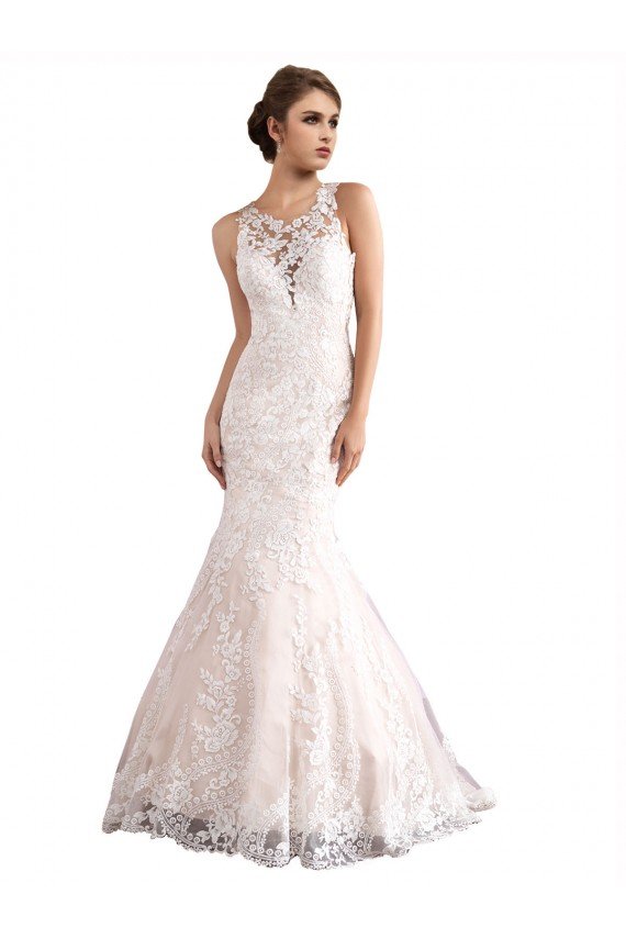 Illusion Neck Fit and Flare Tulle Wedding Dress with All Over Lace