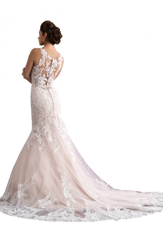 Illusion Neck Fit and Flare Tulle Wedding Dress with All Over Lace