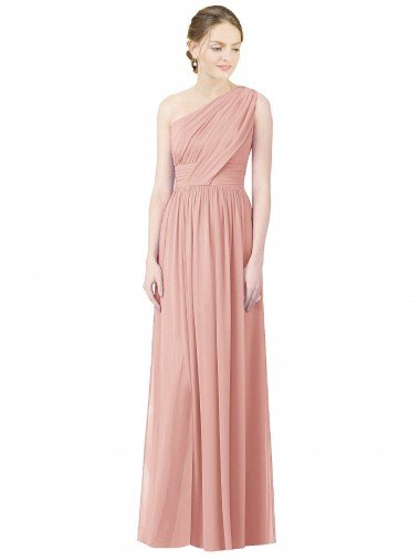 One Shoulder Long Chiffon Bridesmaid Dress with Shirred Waistband Canada
