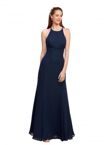 High Halter Fit and Flare Long Chiffon Bridesmaid Dress / Prom Dress with Criss Cross Low Back Canada