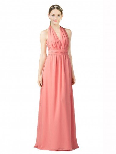 Shirred Bodice Full Length Long Chiffon Bridesmaid Dress Canada