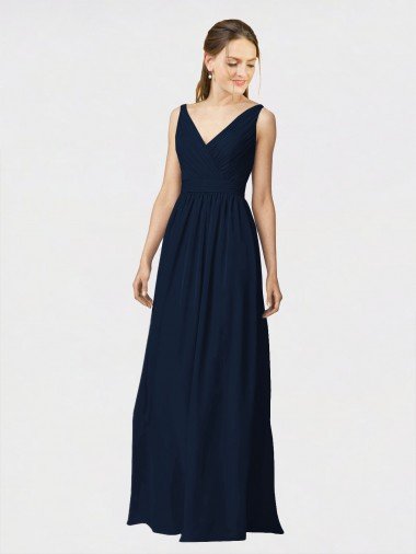 Long Chiffon Bridesmaid Dress with Shirred Bodice and V-Neckline Canada