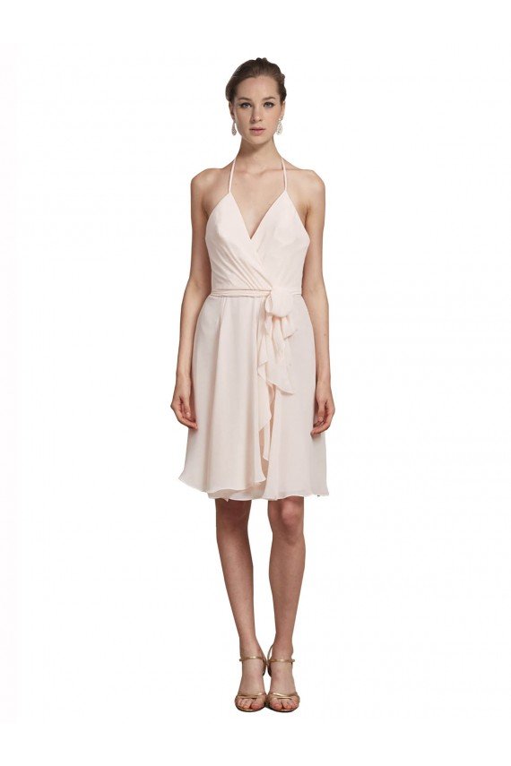 Short Knee Length Wrap Chiffon Halter Bridesmaids Dress