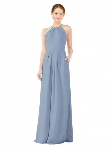 Fitted Long High Halter Neck Chiffon Bridesmaid Dress with Keyhole Back Canada
