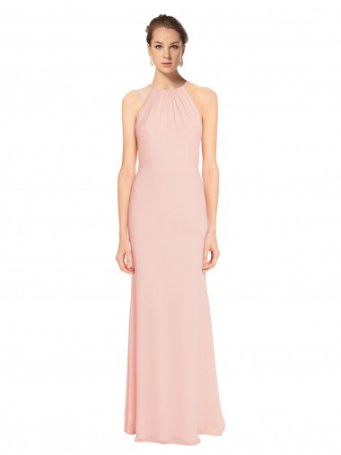 High Neck Long Chiffon Halter Bridesmaid Dress with Drape Chiffon Overlay Canada