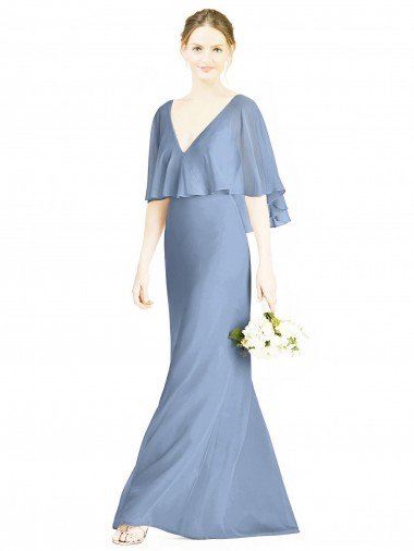 V-Back Trumpet Chiffon Bridesmaid Dress with Draped Cape Overlay Canada