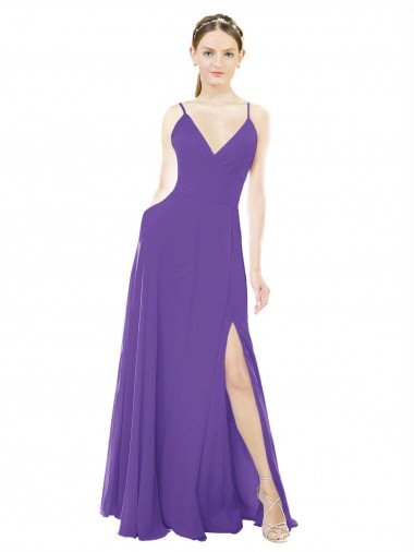 Long Chiffon A-Line Bridesmaid Dress with Deep V-Neckline and Side Slit Canada