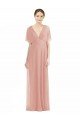 Draped Short Sleeves Long Chiffon A-Line Bridesmaid Dress