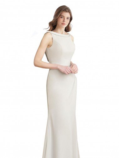 Long Chiffon Bridesmaid Dress with Boat Neckline and Satin Collar Canada