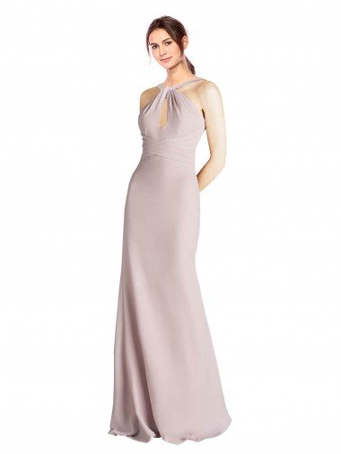 Long Slim Chiffon Bridesmaid Dress with Ruffled Waist and Keyhole Canada