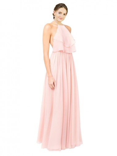 Halter Neck Chiffon Bridesmaid Dress with Double Ruffle Front Canada