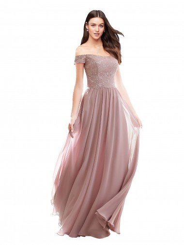 Floor Length Chantilly Lace Off the Shoulder Chiffon Bridesmaid Dress Canada