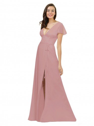 Flutter Sleeves Short Chiffon Bridesmaid Dress with Tie Belt Canada