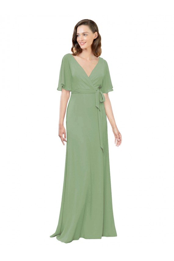 Chiffon V-Neckline Wrap Bridesmaids Dress With Double Flutter Sleeve