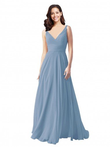 Long Chiffon V-Neck and Self Sash Bridesmaid Dress with Shirred Criss Cross Bodice Canada