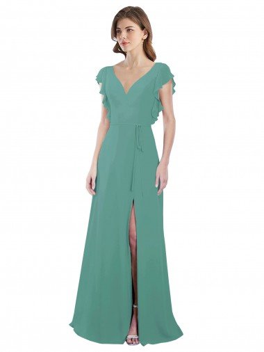 Full Length Chiffon Bridesmaid Dress with Ruffled Cap Sleeves and Side Slit Canada