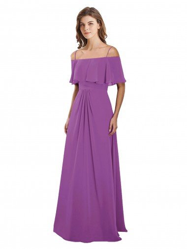 Draped Off The Shoulder Chiffon Bridesmaid Dress with Spaghetti Straps and Ruffled Neckline Canada