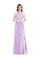Shirred Skirt Jewel Neck Halter Chiffon Bridesmaid Dress with Front Slit