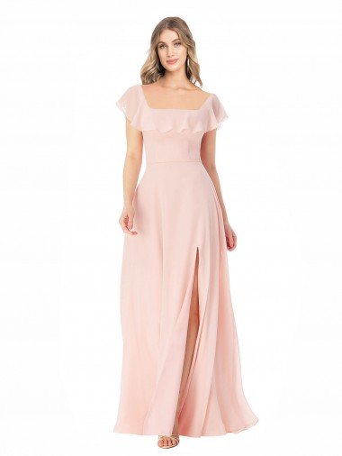 Flutter Cap Sleeves Square Neck Ruffle Chiffon Bridesmaid Dress with Pockets Canada