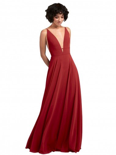 Fitted Plunging Deep V-Neck Long Chiffon Bridesmaid Dress with V-Back Canada