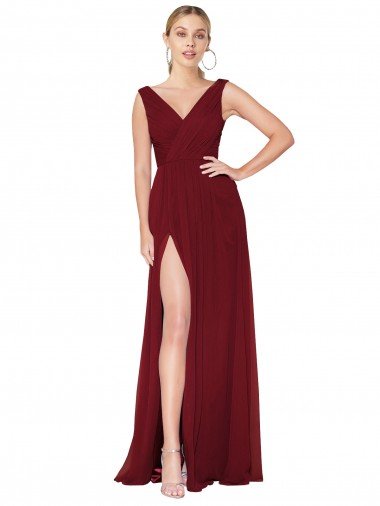 Draped Mermaid Long V-Neck Chiffon Bridesmaid Dress / Formal Prom Dress with High Slit Canada