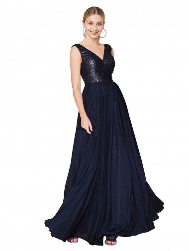 High Neck V-Neck Long Chiffon Bridesmaid Dress / Prom Dress with Sequin Top Canada
