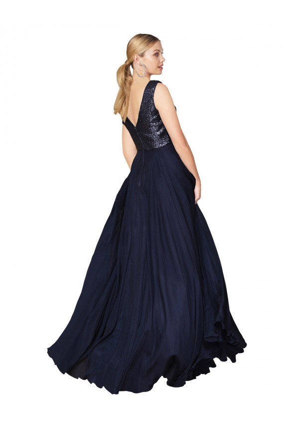 High Neck V-Neck Long Chiffon Bridesmaid Dress / Prom Dress with Sequin Top