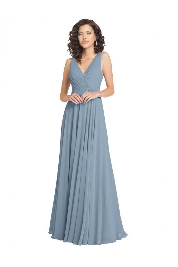 Faux Surplice Bodice Long Chiffon Bridesmaid Dress with V-Neckline