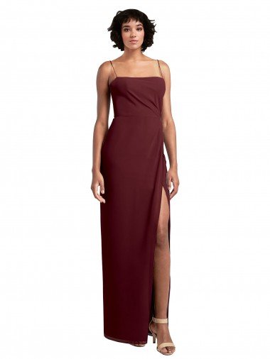 Sleek Straight Neckline Chiffon Bridesmaid Dress with Spaghetti Straps and High Side Slit Canada