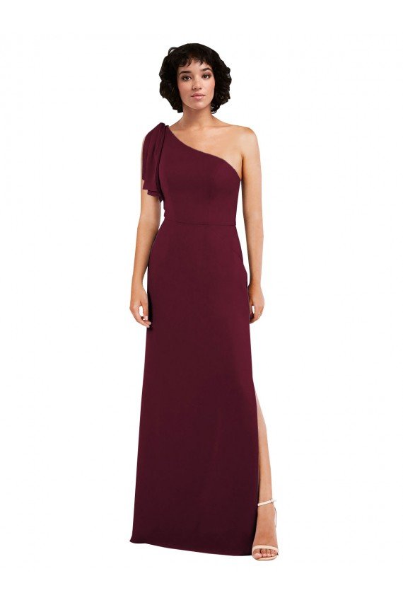 One Shoulder Chiffon Formal Bridesmaid Dress with Skirt Slit and Accent Strap