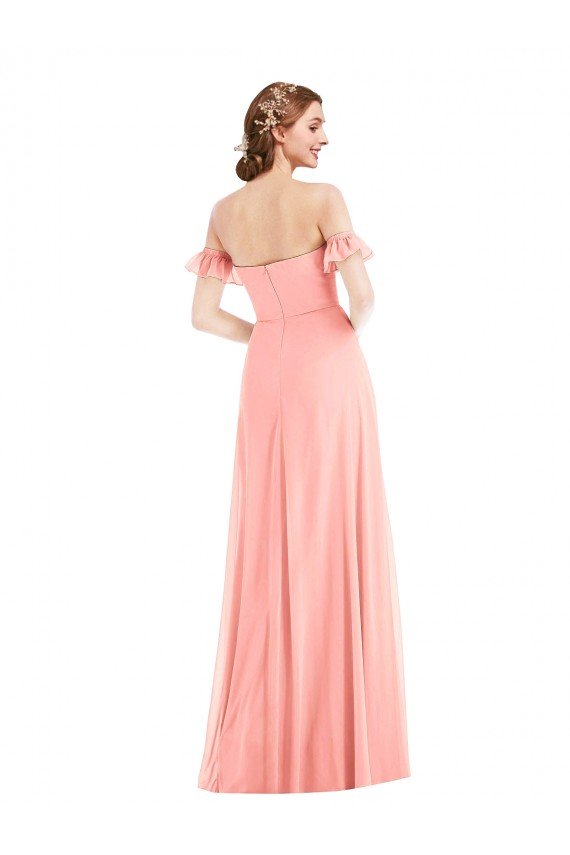 Off the Shoulder Ruffle Cuff Sleeve Chiffon Maxi Bridesmaid Dress