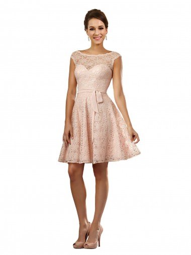 Short Knee Length Lace Bridesmaid Dress with Matching Chiffon Tie Sash Canada