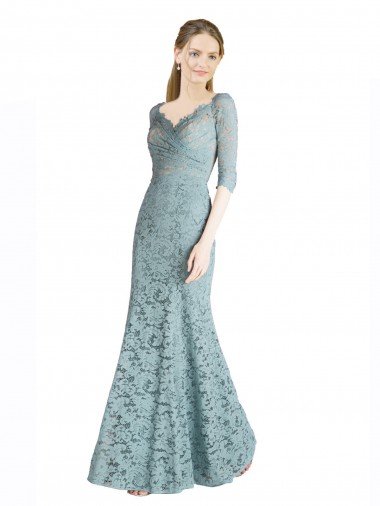 Half Sleeves Pleated Lace Bridesmaid Dress / Prom Dress with Wrap-Around Portrait Neckline Canada