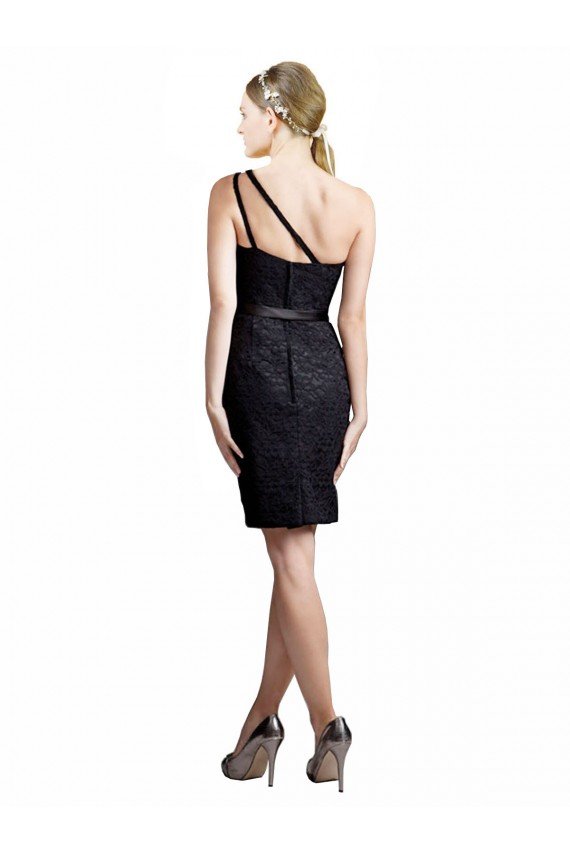 One Shoulder Short Lace Cocktail Bridesmaid Dress with Satin Waistband