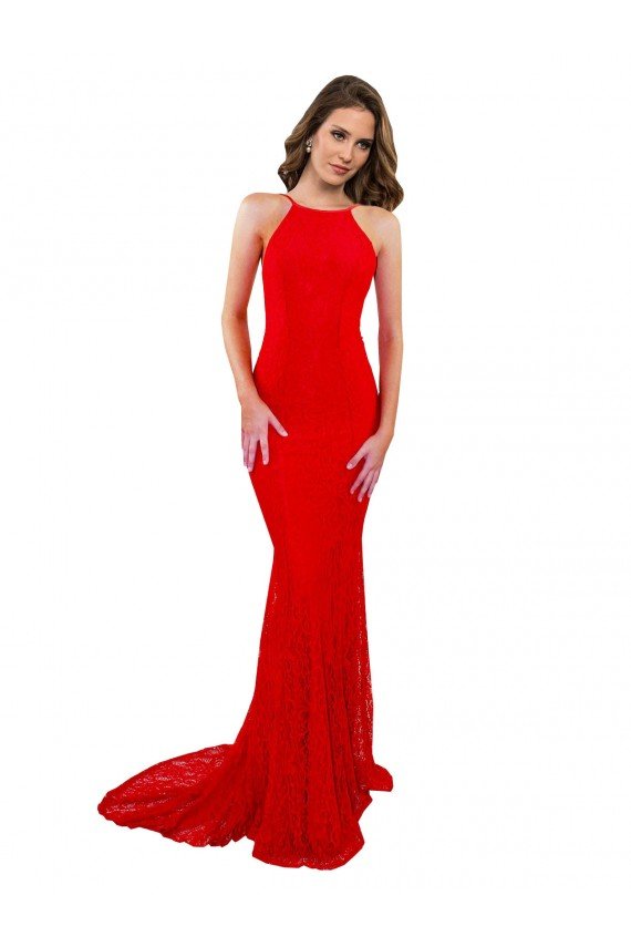 High Neck Long Formal Lace Bridesmaid Dress / Prom Dress with Open Back Straps