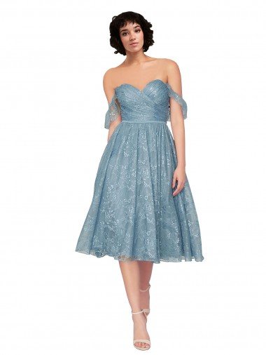 Off the Shoulder Sweetheart Chantilly Lace Midi Length Cocktail Bridesmaid Dress Canada