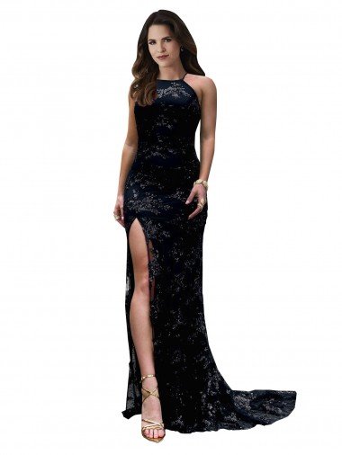 Formal High Neckline Lace Open Back Bridesmaid Dress / Prom Dress with High Slit Canada