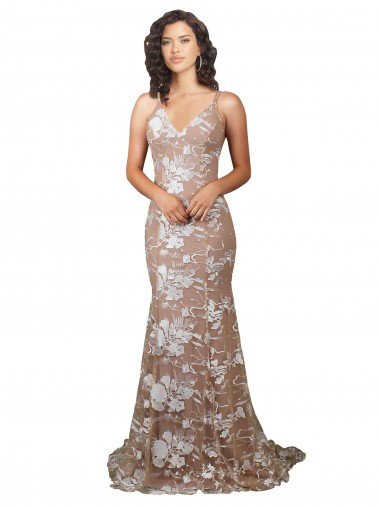 Fishtail Shaped V-Neck Embroidered Foral Lace Wedding Dress Canada