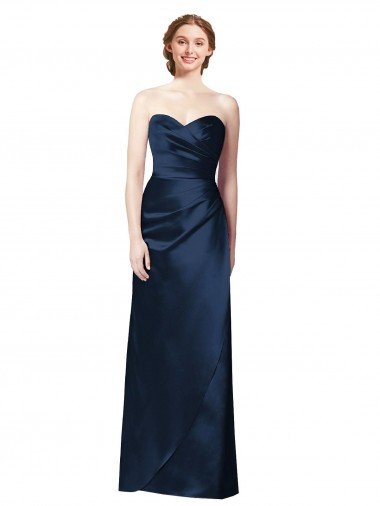 Faux Wrap A-Line Long Satin Bridesmaid Dress with Draped Bodice Canada