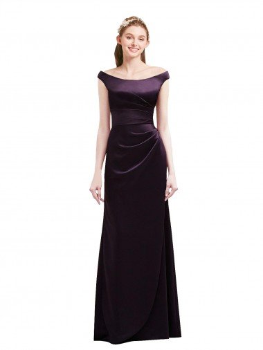 Off The Shoulder Long Satin Bridesmaid Dress with Asymmetrical Pleated Bodice Canada