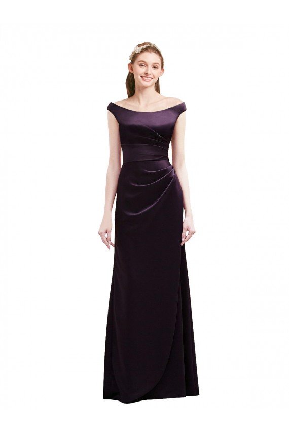 Off The Shoulder Long Satin Bridesmaid Dress with Asymmetrical Pleated Bodice