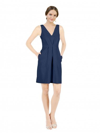 Deep V-Neck Short Knee Length Satin Cocktail Bridesmaid Dress with Slimming Pleats Canada