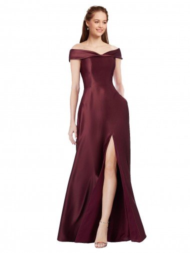 Long Off the Shoulder Formal Satin Bridesmaid Dress / Prom Dress with Thigh-high Slit Canada