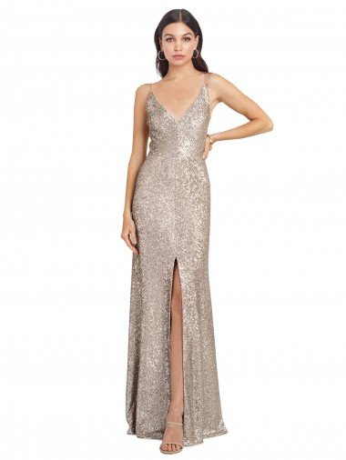 V-Neck Fully Sequin Formal Bridesmaid Dress / Prom Dress with V-Back and Front Slit Canada