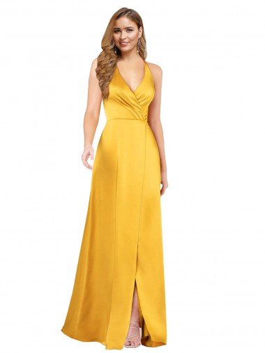 Halter A-Line Formal Silky Satin Bridesmaid Dress / Prom Dress with V-Neckline and Slit Canada