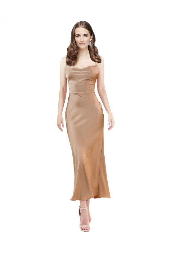Cowl Neck Formal Silky Satin Midi Length Bridesmaid Dress / Cocktail Prom Dress Low Back