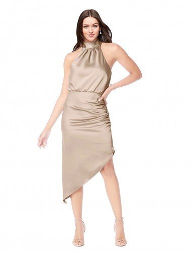 Silky Satin High Low Midi Cocktail Length Bridesmaid Dress / Prom Dress with Asymmetric Skirt Canada