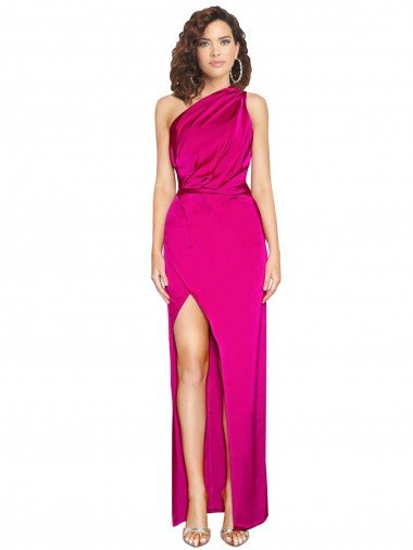 One Shoulder Long Full Length Formal Silky Satin Bridesmaid Dress / Prom Dress with Front Side Split Canada